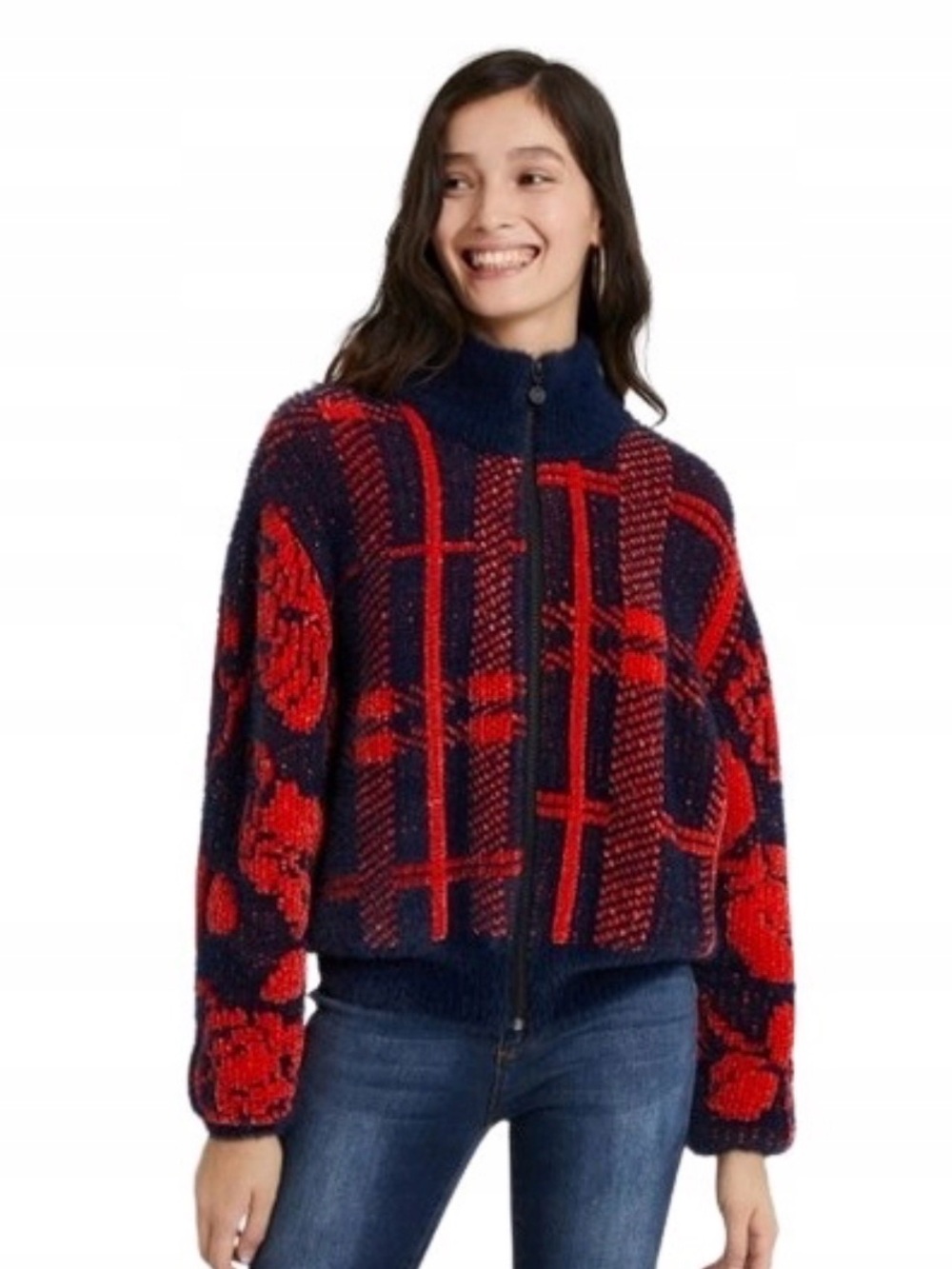 Desigual Navy and Red Patterned Teddy Zip Jacket